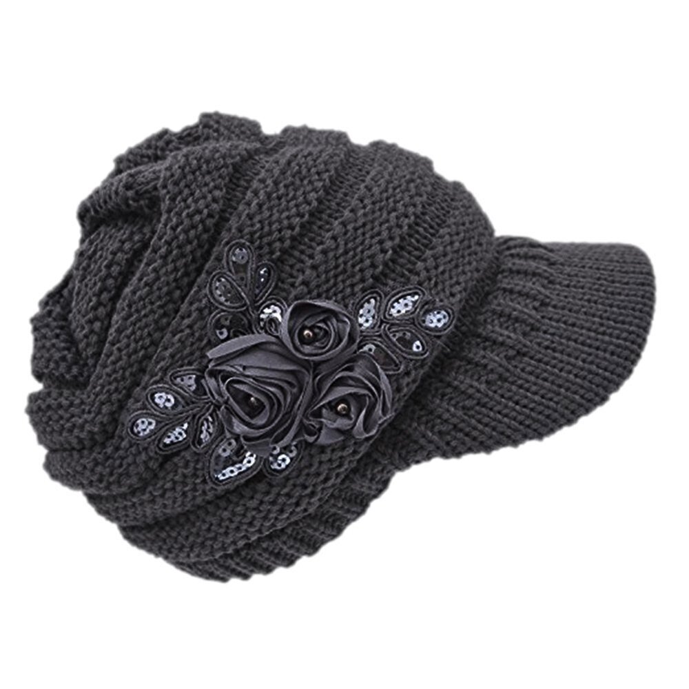 7945 C-US Winter Warm Knit Hat Crochet Visor Brim Cap with Flower Accent